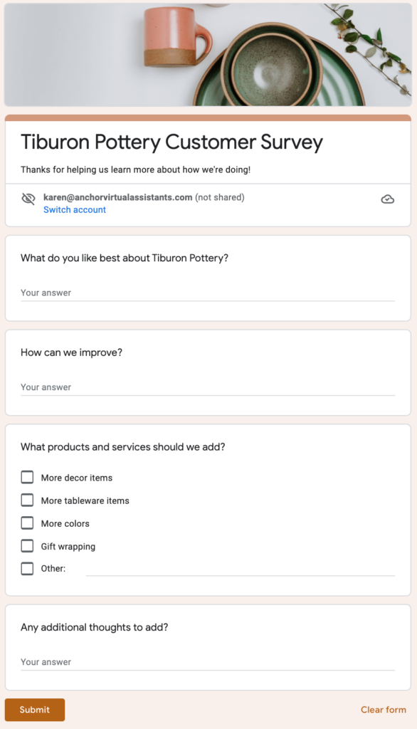 Portfolio piece: A survey created by Anchor Virtual Assistants in Google forms.