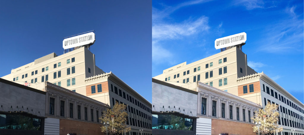 Anchor Virtual Assistants Portfolio piece: Before and after photos of a downtown building. The before photo is too dark in the shadows, and the sky is too flat and dark. The after photo corrects the shadows and has a brilliant blue sky with attractive wispy white clouds. 