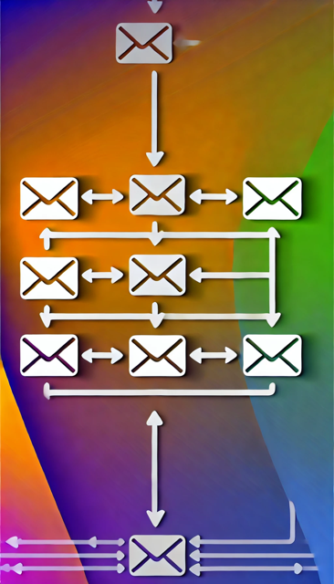 A graphic showing email automation as a series of envelopes and arrows.