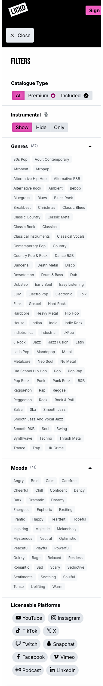 Screenshot of Lickd.co's music browsing filters showing genres, moods, and licensable platforms like YouTube, Instagram, and TikTok